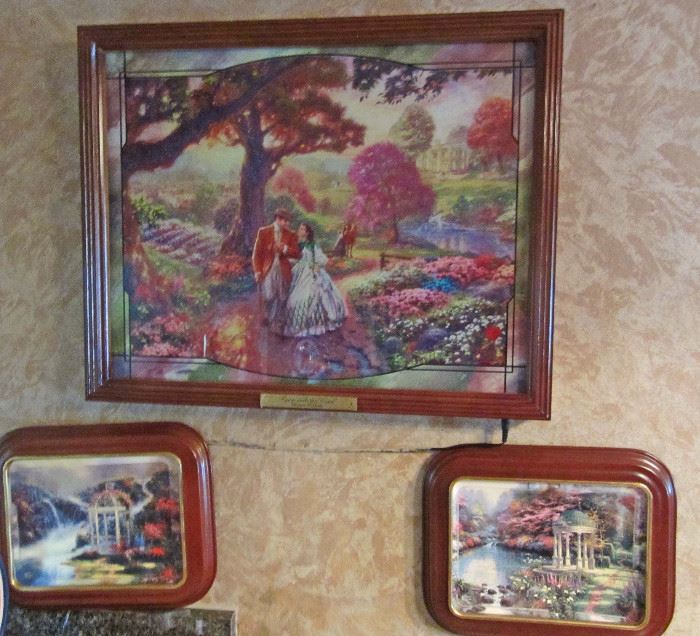 Thomas Kinkade framed painted plates (original cost $99 each) and illuminated gone with the wind Kinkade art 