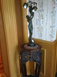 Marble top carved plant stand; art deco lamp