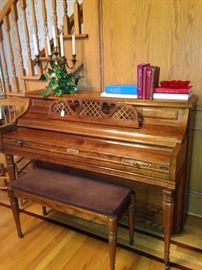 Kimball piano & bench; brass candelabra