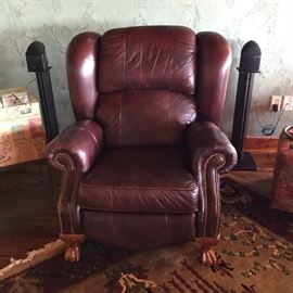 Leather Lazy Boy Recliner with wood carved detail and nail trim on leather. 