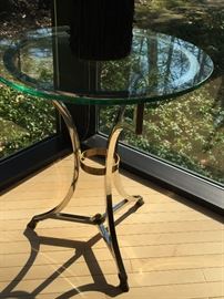 16. Brueton 24" Round Glass Top Table w/ Chrome & Brass Pedestal 27" Ht.