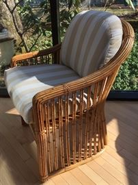 18. 4 Rattan & Brass Dining Armchairs w/ Removable Striped Cushions (23" x 25" x 34")