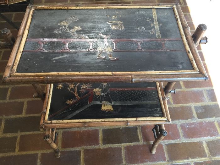 31. Antique Rattan & Chinoiserie Tilt Table (22" x 11" x 28")
