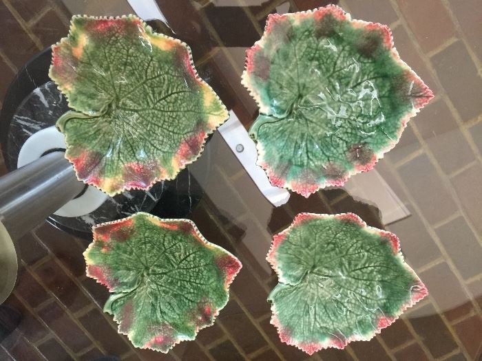 46. Set of 4 Bordallo Pinheiro Grape Leaf, Green Footed Dish/Platters, Made in Portugal