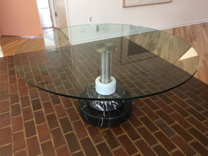 54. Lodovico Acerbis & Giotto Stoppino "Menhir" 57" Round Dining Table w/ Glass Top, and Marble & Stainless Steel Base, 28" Ht.