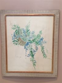 81. Watercolor of Flowers in Container, Signed Lebau, Paris (24" x 28")