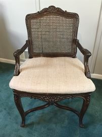 90. Carved Mahogany Armchair w/ Cane Seat & Back w/ Raw Silk Cushion (24" x 19" x 37")