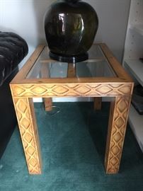 86. Pair of Carved Pine Trellis Base w/ Glass Top Inset End Tables (29" x 21" x 24")