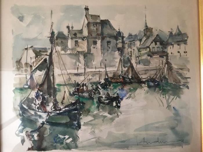 Watercolor Boat/Shore Scene