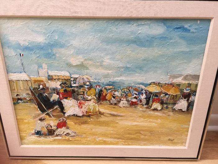 106. Oil Painting of Beach Scene by Peret (28" x 22")