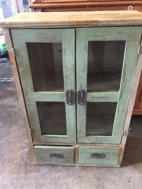 122. Painted Pine Glass Front Hanging Cabinet w/ 2 Drawers (18" x 9" x 27")