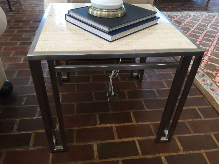 131. Billy Baldwin Satin Stainless End Table w/ 3/4" Beige Travetine Top (24" x 24" x 21") 