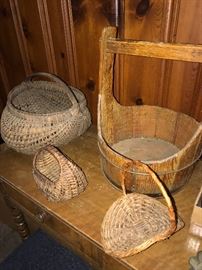 ANTIQUE WICKER BASKETS AND WOODEN BUCKET