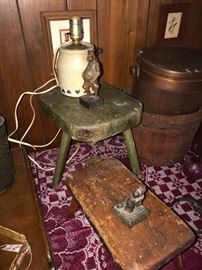 ANTIQUE WOODEN STOOL / LAMP / WOODEN BUCKET AND MORE