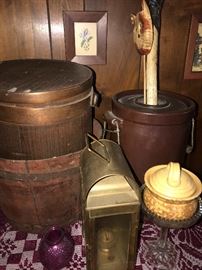 BUTTER CHURN STONEWARE / WOODEN BUCKET . WOODEN BOX