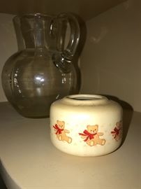 GLASS PITCHER AND TEDDY BOWL