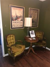 WW1 FRAMED POSTERS / GREEN TUFTED CHAIRS AND ROUND DUNCAN PHYFE TABLE
