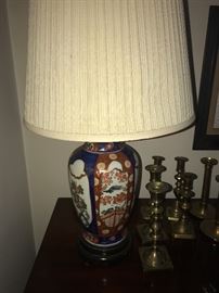 BRASS AND PORCELAIN ORIENTAL HAND-PAINTED LAMP