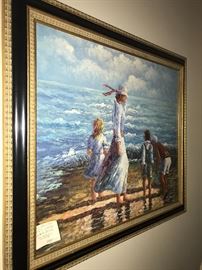 BEACH SCENE OIL ON CANVAS PAINTING