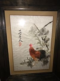 HAND EMBROIDERED ROOSTER ON SILK FRAMED ART