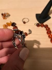 STERLING SILVER AMBER OWL RING