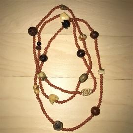 ANTIQUE TRIBAL NECKLACE-CORAL / BONE / WOOD