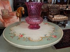 Oversize (Huge!) cranberry piece on Kozak Studios decorated Imperial (Grand Rapids) coffee table
