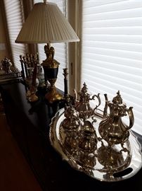Silverplate tea set, etc.