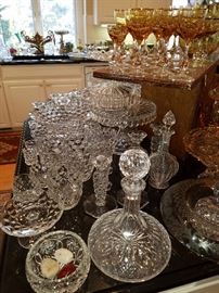 Fostoria "American" pattern pieces.  Front ship's decanter marked "Waterford"