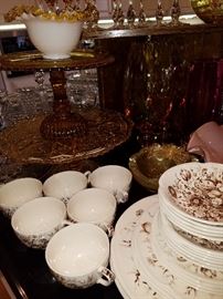 Amber glass cake stands, Set of dishes, Amber vases, etc.
