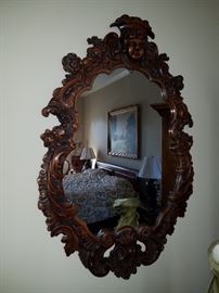 Carved wood framed mirror.  Carved by the Doezema family in Grand Rapids, per Gordon Wassenaar. They never signed their work, sadly.....