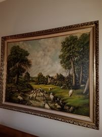 Framed painting on canvas of sheep in a country lane. Signed G. J. Pappas (?)