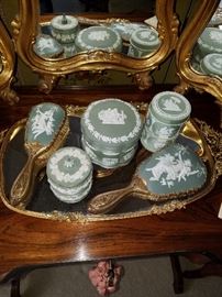 Green jasper ware, boxes are Wedgwood. 
