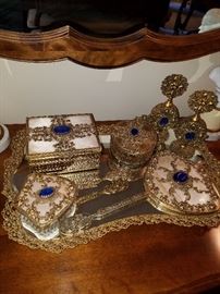 Ornate dresser set with blue glass jewels (jewels probably from Czechoslovakia)