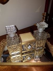 Ornate dresser cologne and powder set