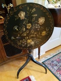 Close up of the paint decorated tilt-top table.  Unsigned