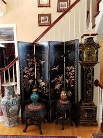 Coromandel (applied stone) 4 panel folding screen along with Oriental floor vase, carved stands with marble insets, and chinoiserie decorated clock (not working)