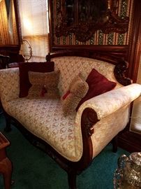 Rolled arm settee, mahogany frame