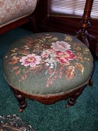 Needlepoint foot stool that was under the teaset