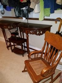 Grand Rapids made demilune tables (pair), Child's oak rocker with caned seat, miniature furniture