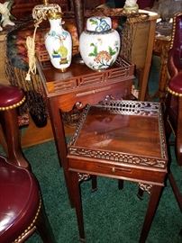 Baker stands with pull-out surfaces. Glass insets over the wood tops are removable