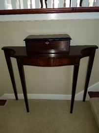Sofa or hall table displaying 19th century 10 tune music box (plays well!)