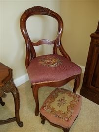 Balloon back Victorian chair, Needlepoint foot stool