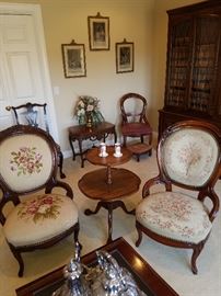 Grouping of traditional furniture.  Right chair with label reading made by Vander Ley Brothers, Division of John Widdicomb, Grand Rapids. Back pieces already feature in the previous few photos