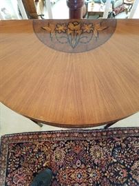 Detail of the inlaid top of the Irwin demilune card/games table (and my shoe on the rug!)