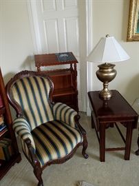 Striped upholstered arm chair, Drop leaf lamp table, Lectern appears to be solid cherry
