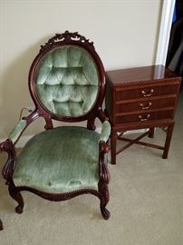 Victorian style arm chair, tufted back.  Three drawer stand