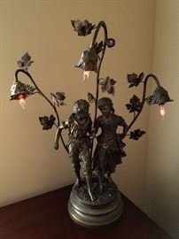 Patinated metal figural lamp, Ca. 1900.  Could have originally been on a newel post, or used on a pedestal.  Lighted and working