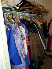 Women's clothing, including 3 matching jackets in tan and black paisley