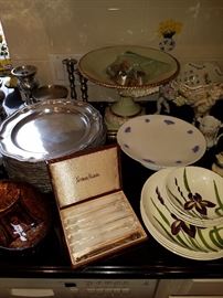 Neiman Marcus set of spreaders, Chelsea compote (tiny blue flowers), Pewter plates, etc.